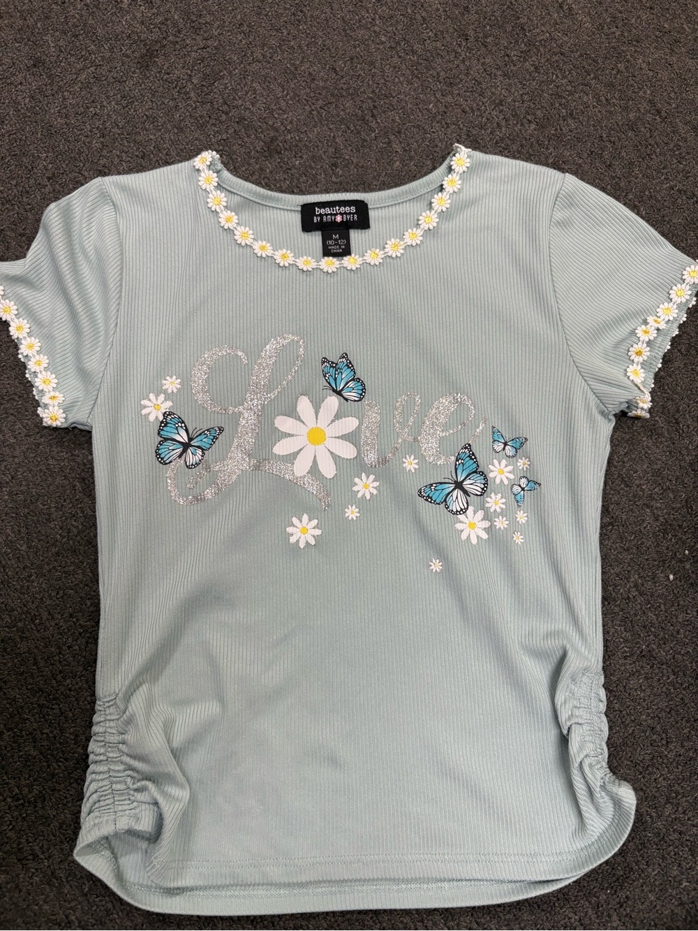 Beautees Sage Green 'Love' Daisy & Butterfly Short Sleeve Tee
